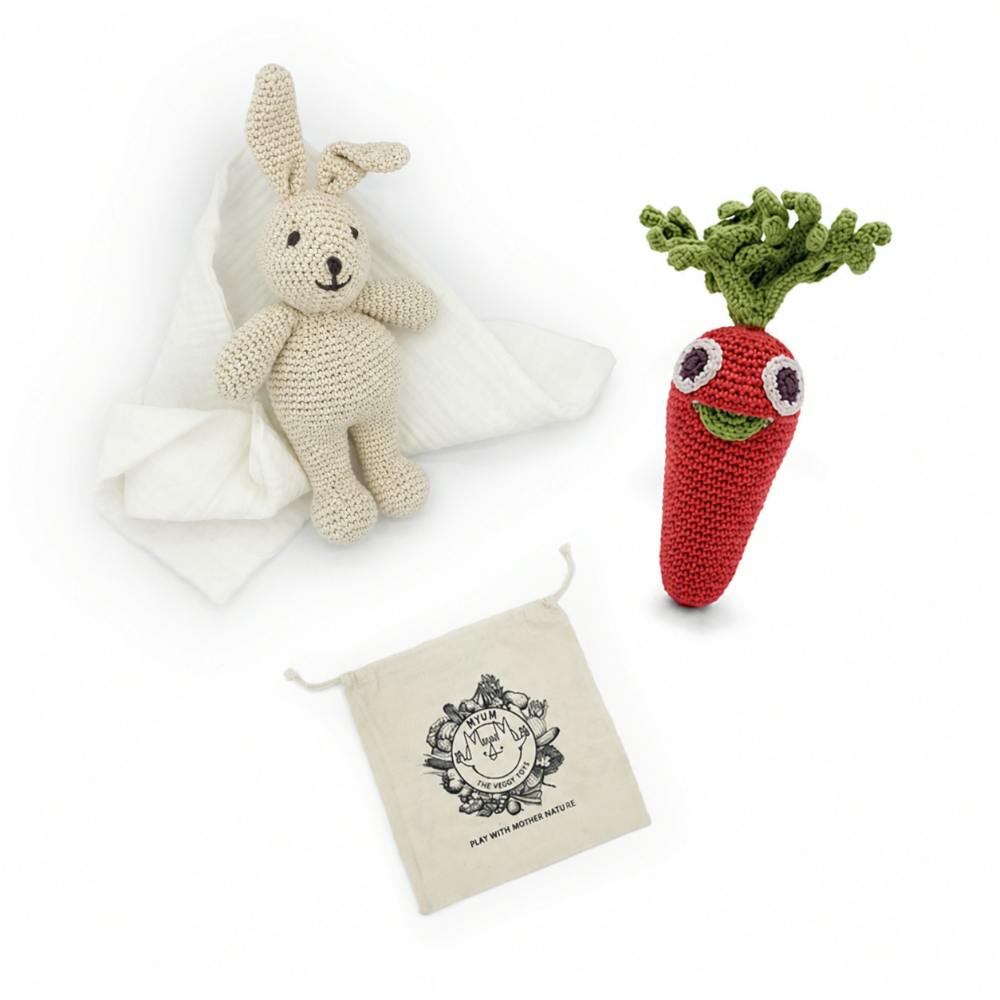 Gift Box Rabbit & Carrot 🥕🐰 100% organic cotton crochet rattle and lovey plush