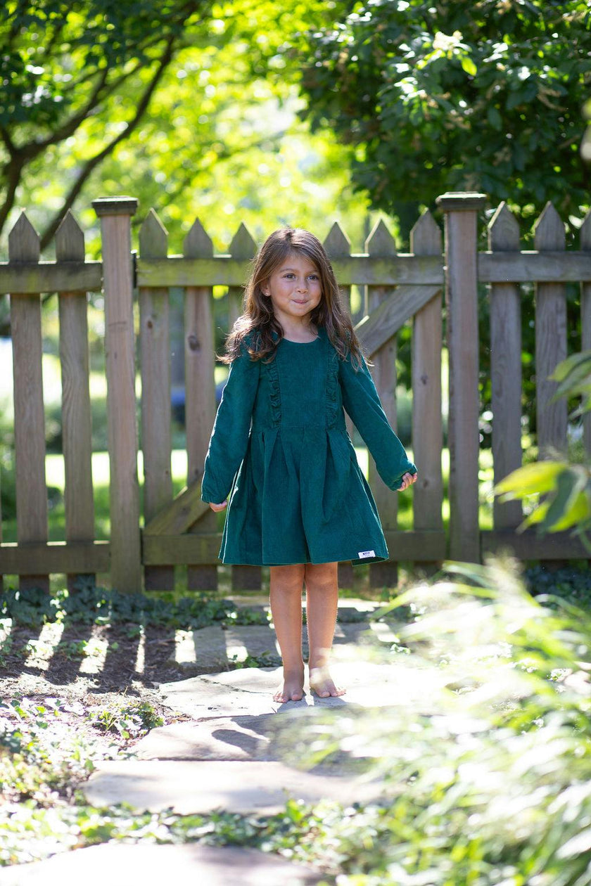 Long Sleeve Ruffle Dress in Green Corduroy