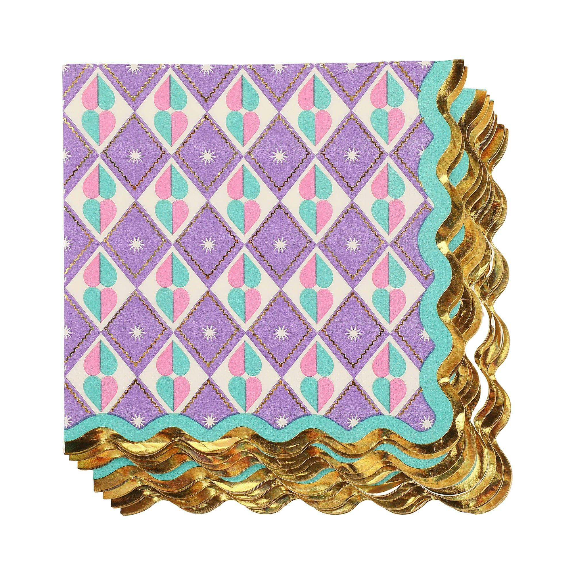 Packed Party Circus Soiree Luncheon Napkins 20ct - Gold Foil Pastel Diamond Pattern 3-Ply Scalloped Edge Napkins for Circus Birthday Parties