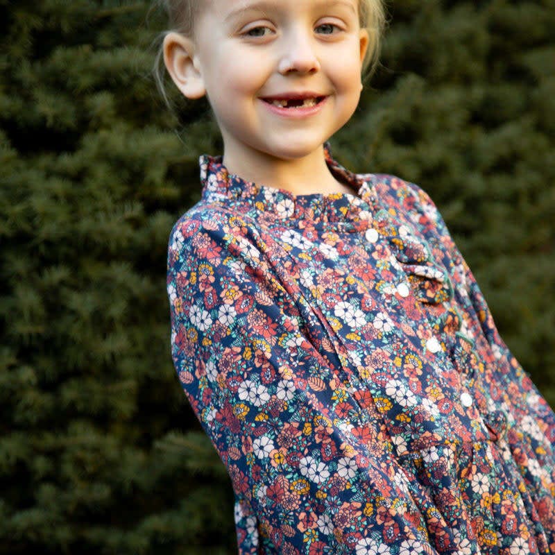 Girls Long Sleeves Dress with Front Ruffle | Garden Confetti