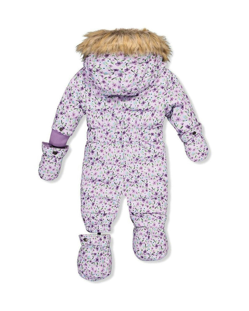 Baby Original One Piece Puffy Snowsuit With Removable Mittens And Boots Purple Printed Mini Flowers