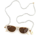 Packed Party Sunny Daze Cat Eye Sunglasses and Pearl Shell Chain Set – White Cat Eye with Freshwater Pearl Chain, 1.75x5.75 Inch Sunglasses with 31.5 Inch Chain