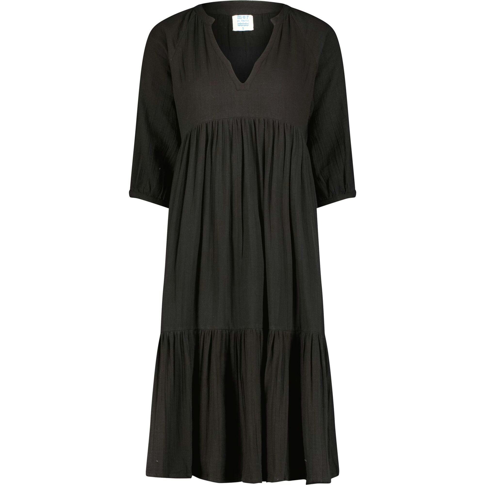 Women's Martine Cotton V-Neck 3-Quarter Sleeve Popover Dress, Black