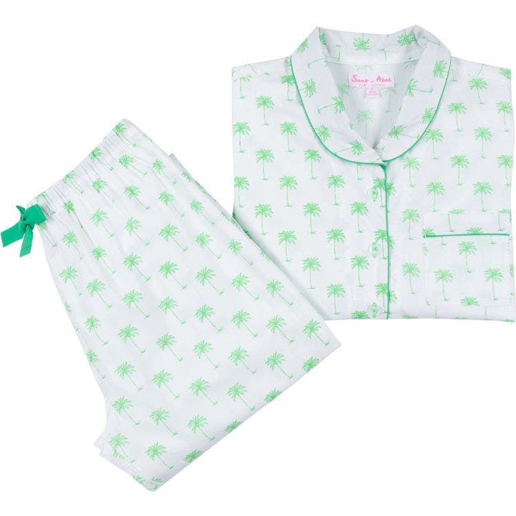 Women's Green Palm Tree Long PJ Set - Organic Cotton Poplin