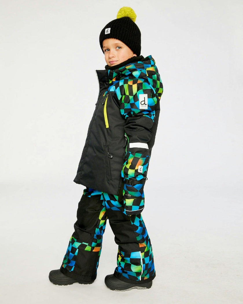 Two Piece Play Snowsuit Black Colorblock With Green Yellow And Blue Checkerboard Pants