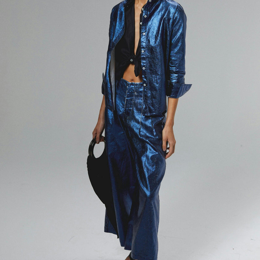 Culotte Metallic Linen Pants - Dark Blue