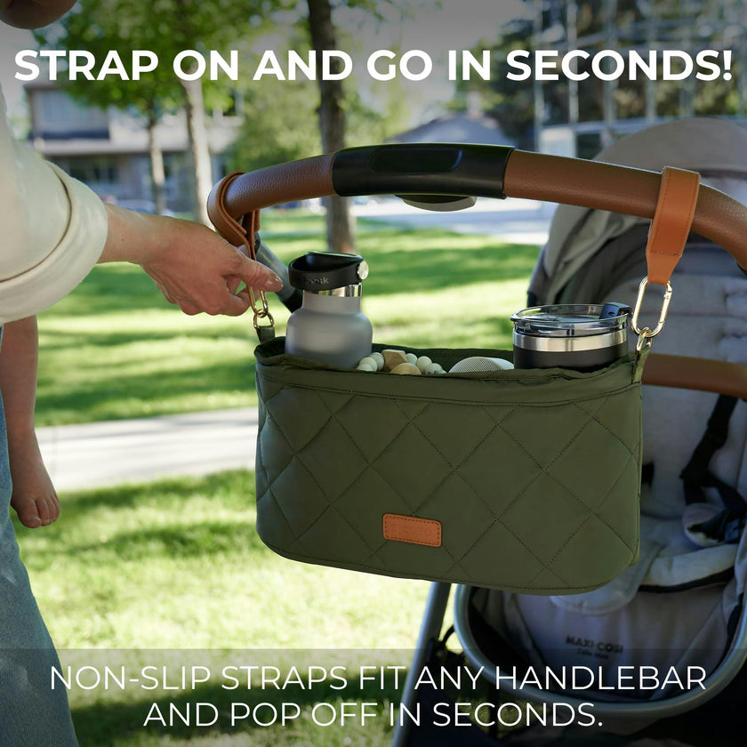ZICOTO Beautiful Stroller Organizer Bag - Easy to Install Stroller Caddy incl. Cup Holder Attachment - Perfectly Sized Accessories For Any Stroller