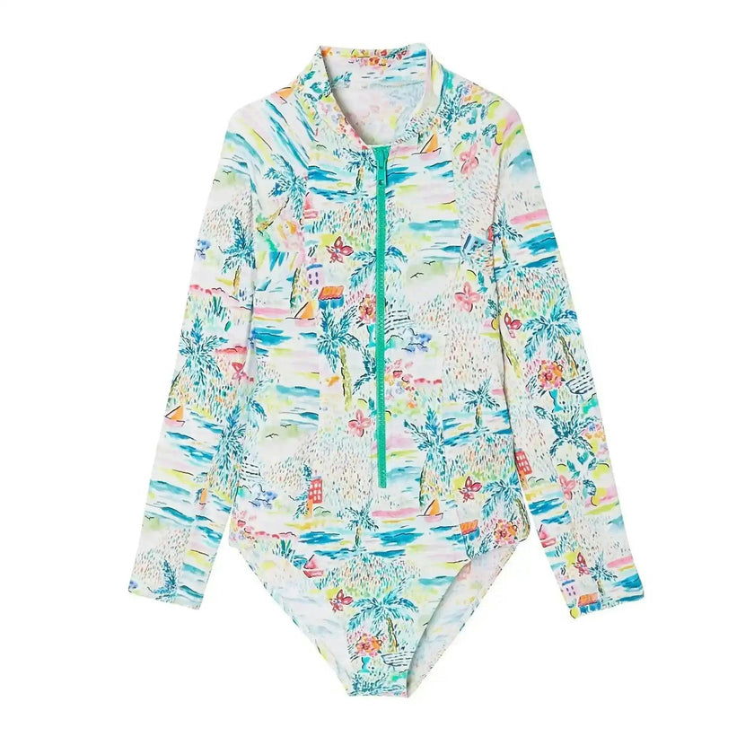 Long sleeve one-piece swimsuit, aqua | GIGI COMBI