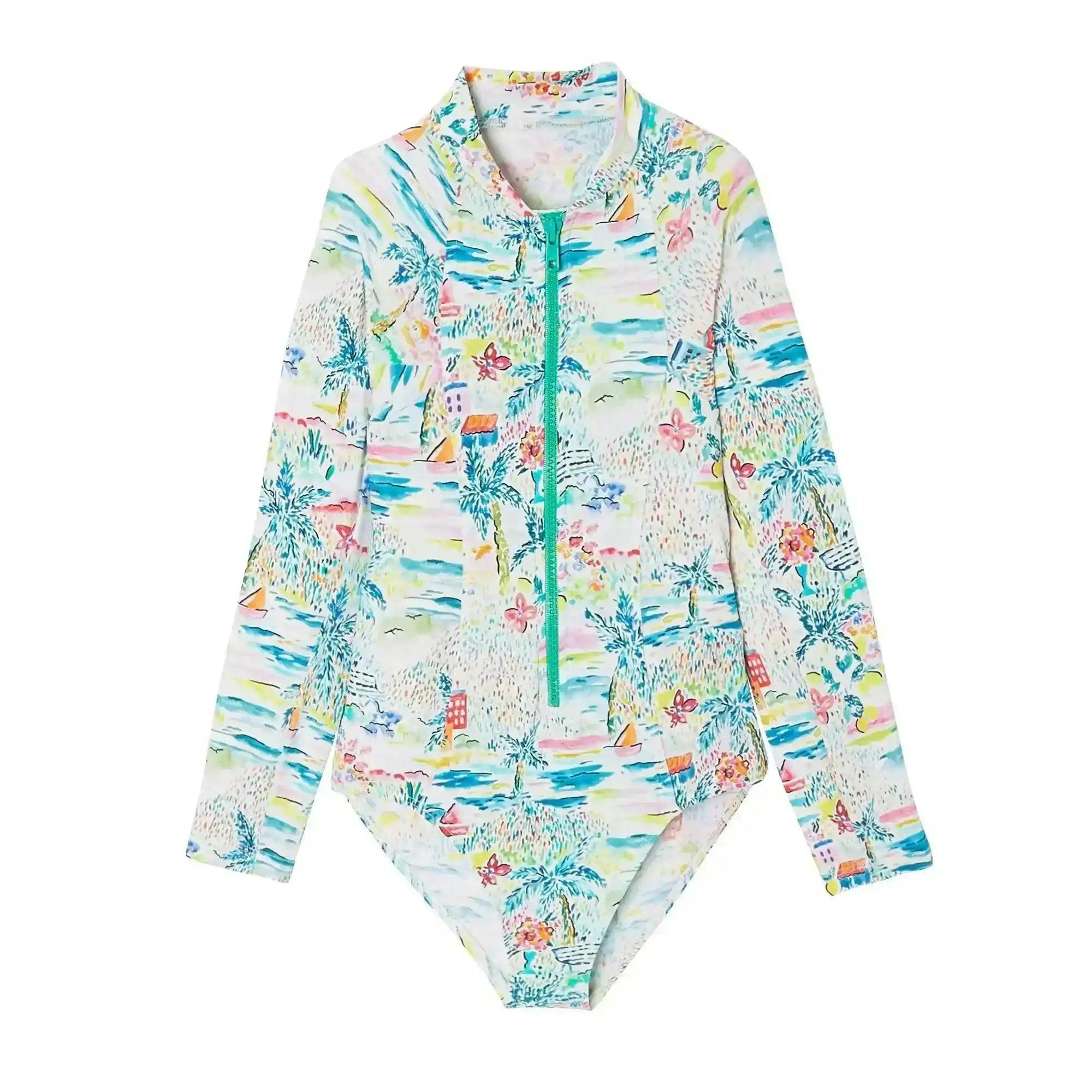 Long sleeve one-piece swimsuit, aqua | GIGI COMBI