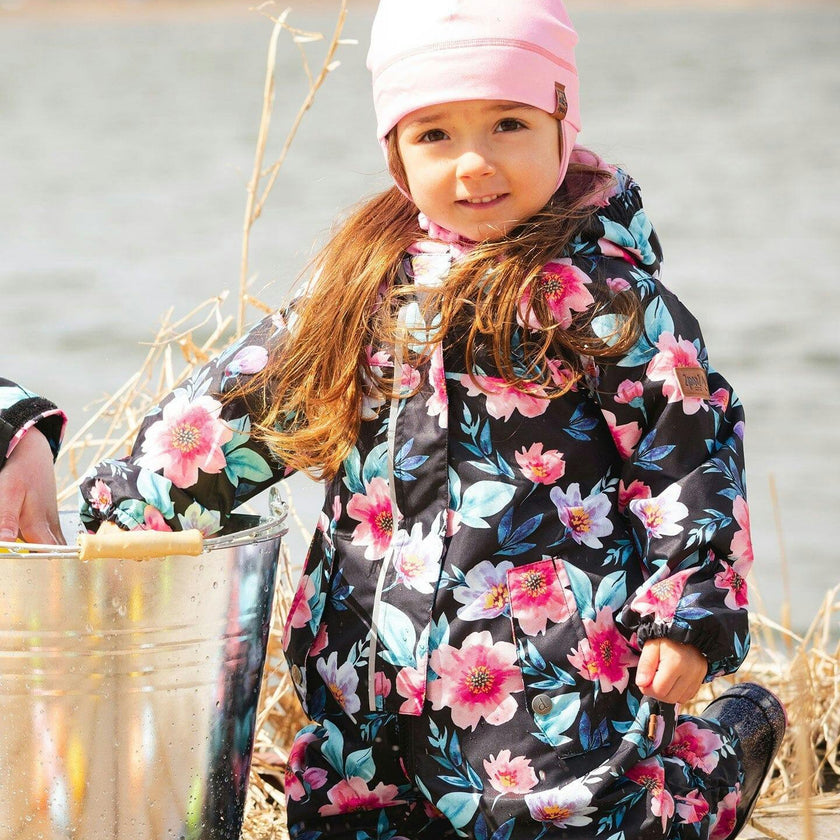 Baby Mid-Season One-Piece Outerwear With Hat Black Printed Flowers
