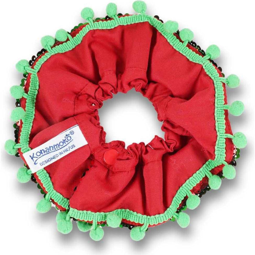 Red & Green Sequin Collar W/ Green Pom Pom, Red