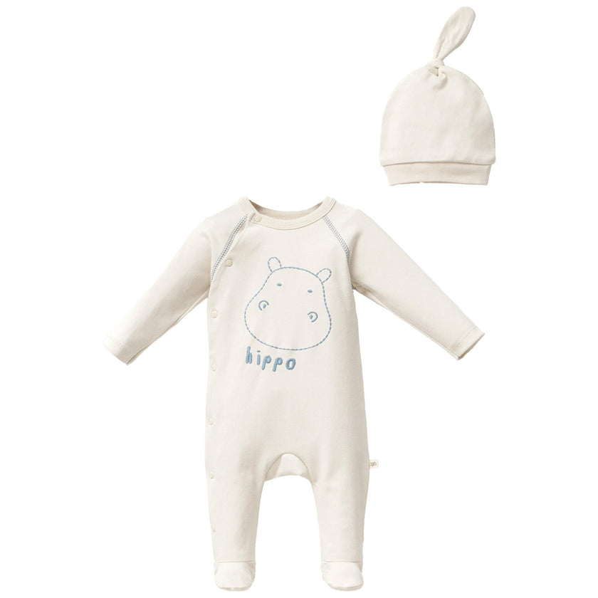 Cream Hippo Graphic Babygrow & Hat