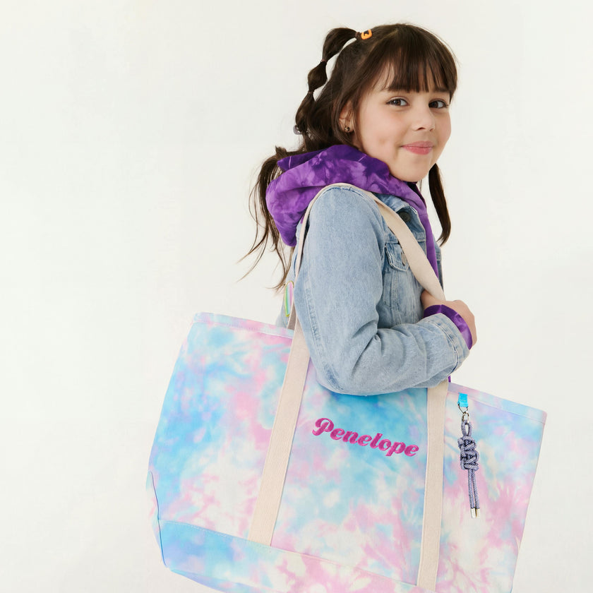 Girls Personalized Tie Dye Tote, Blue Pink Multi