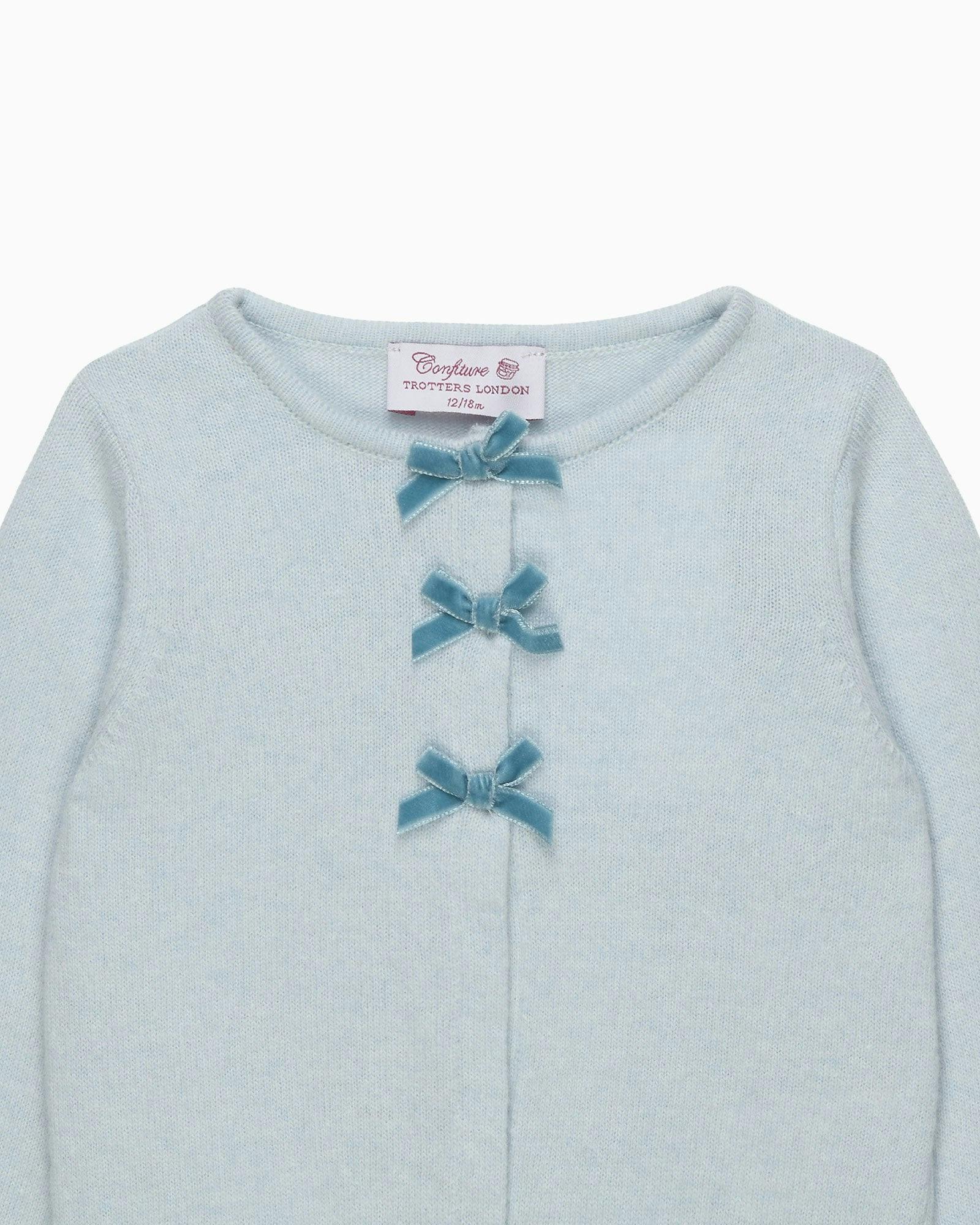 Baby Velvet Bow Cardigan in Pale Blue