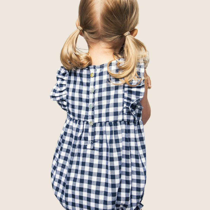 Baby's Twill Ruffled Romper in Navy Gingham