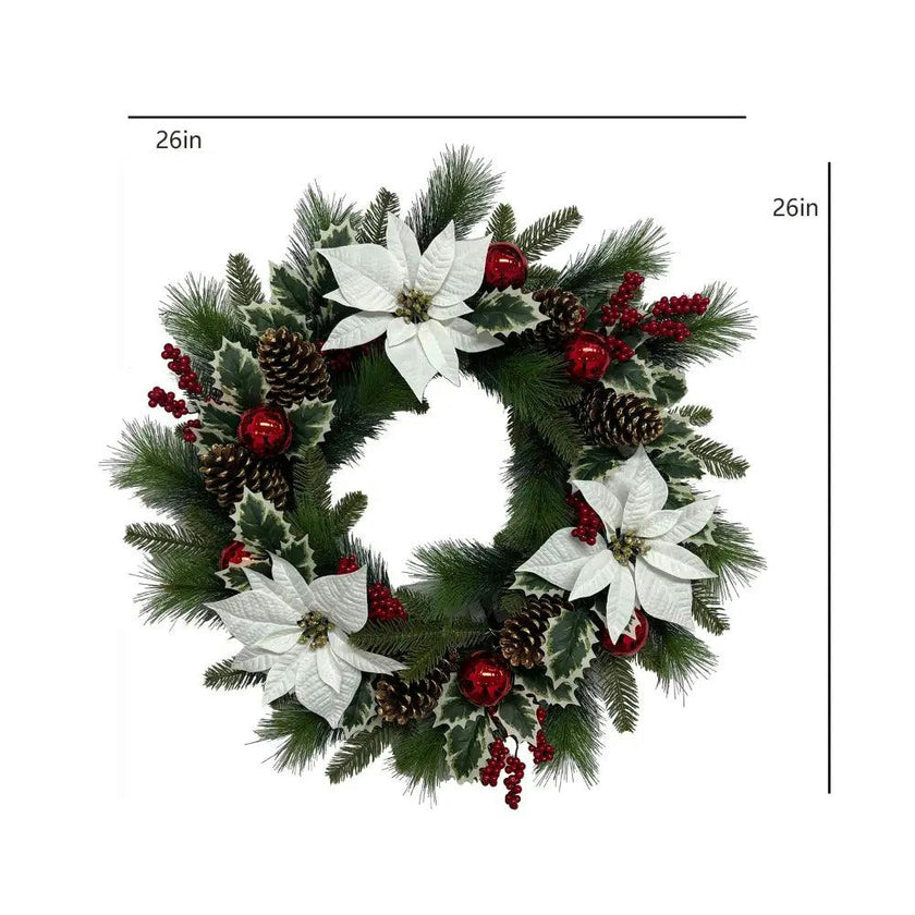 26" White Poinsettia, Pinecone & Berry Wreath Pre-Lit