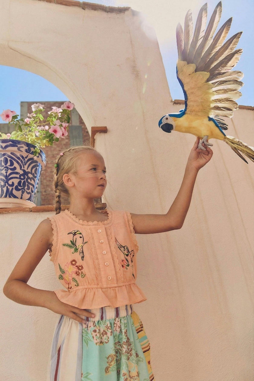 BIRDS EMBROIDERED TOP PEACH