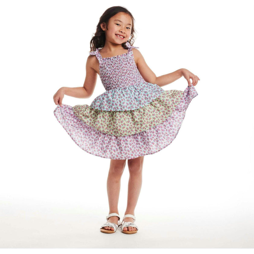 Kids Color Blocked Floral Tiered Dress