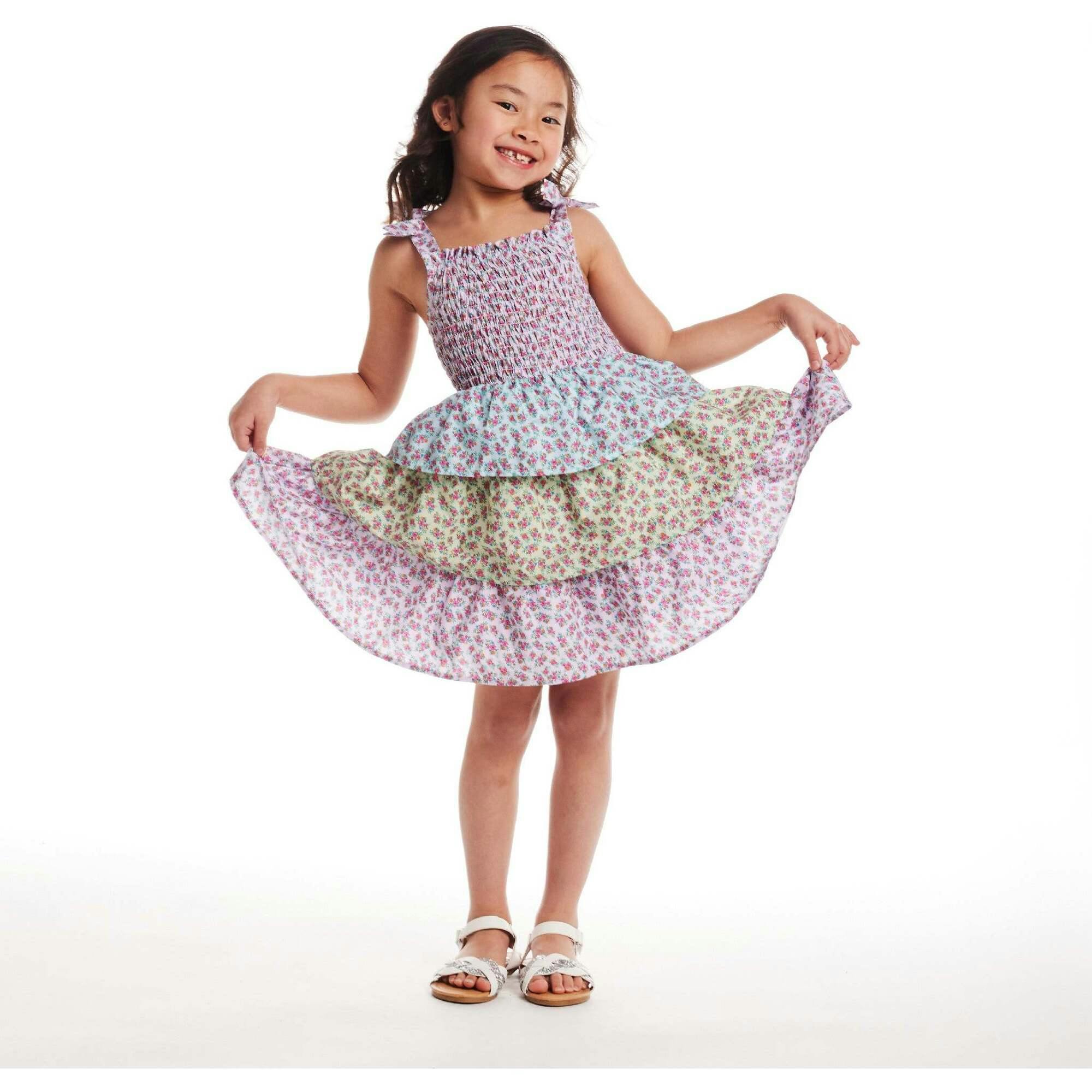 Kids Color Blocked Floral Tiered Dress