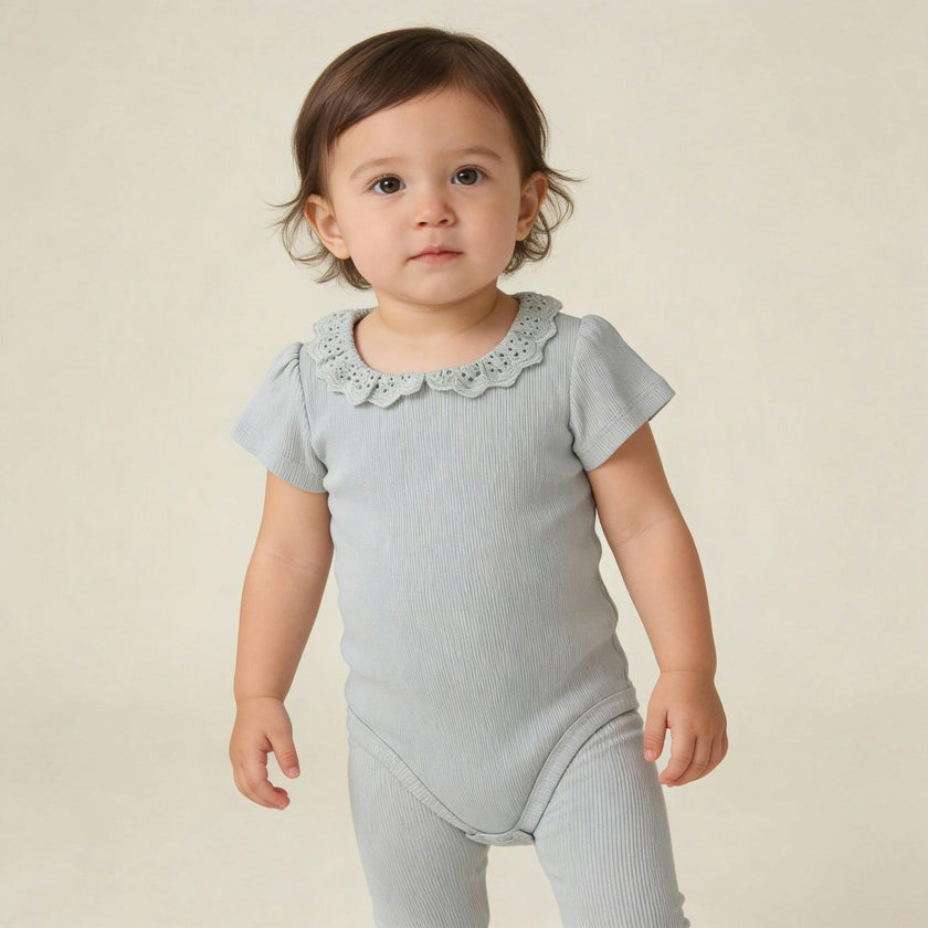 Organic Lace Collar Onesie & Tights Set - Fog