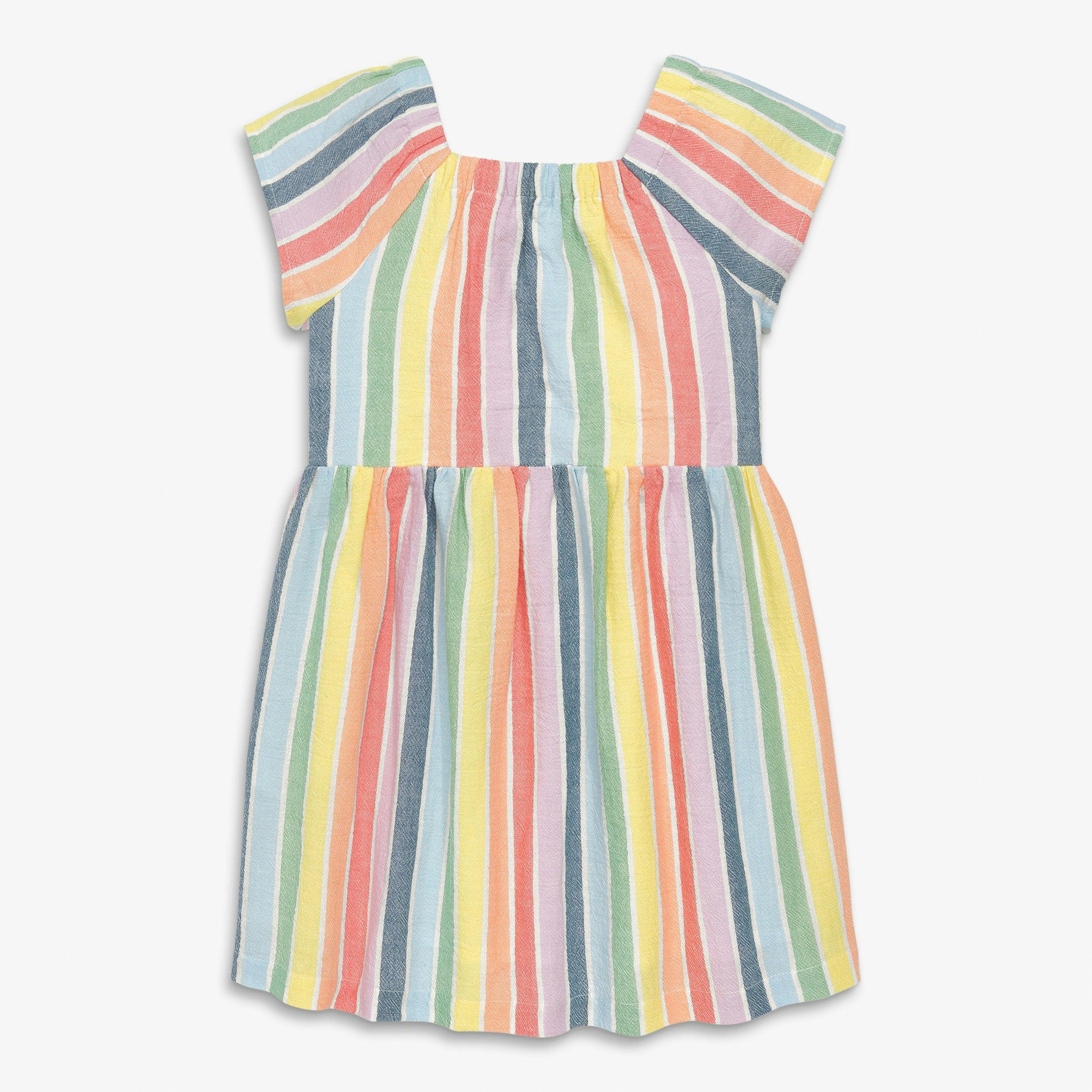 Kids cotton gauze boardwalk dress in rainbow stripe