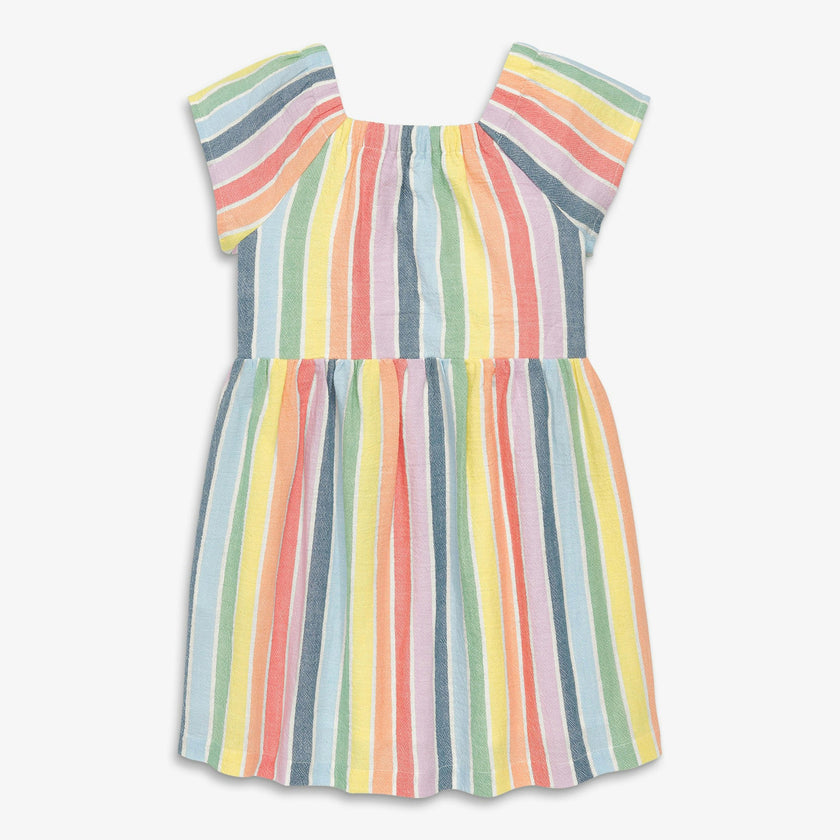 Kids cotton gauze boardwalk dress in rainbow stripe