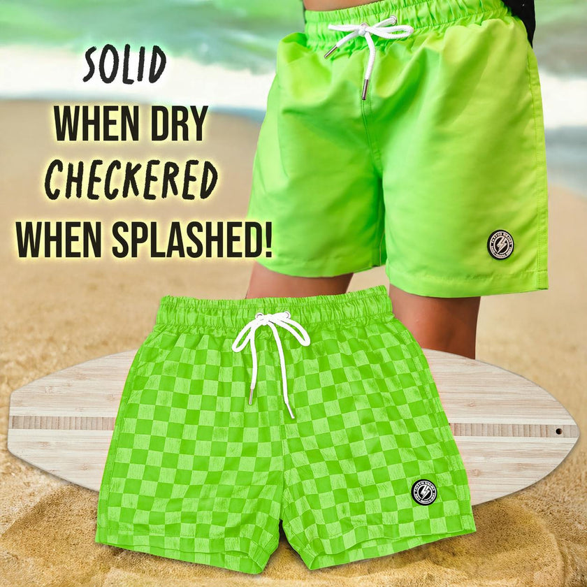 Neon Green Checker Swim Trunks