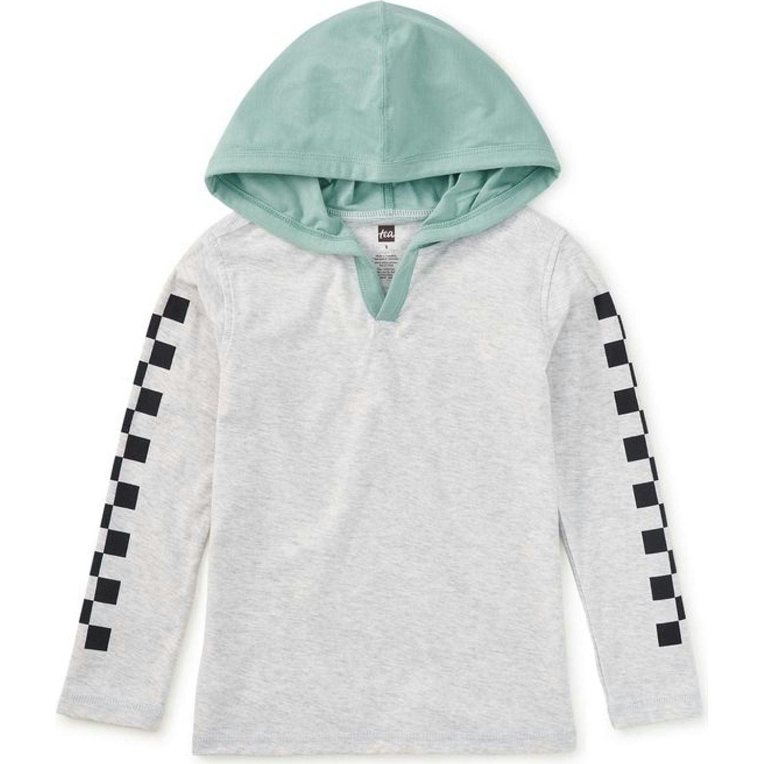 Checker Sleeves Happy Hoodie, Grey