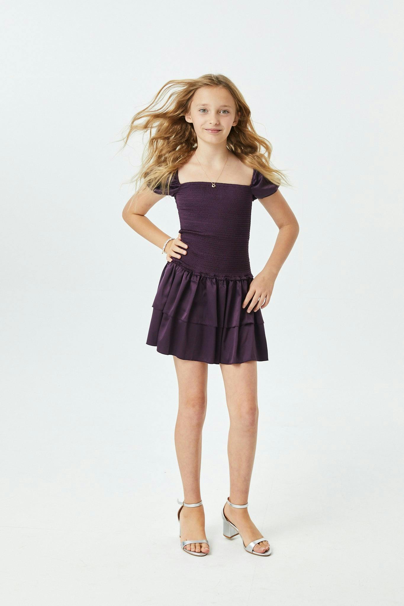Lexi Aubergine Satin Smocked Short Sleeve Ruffle Dress