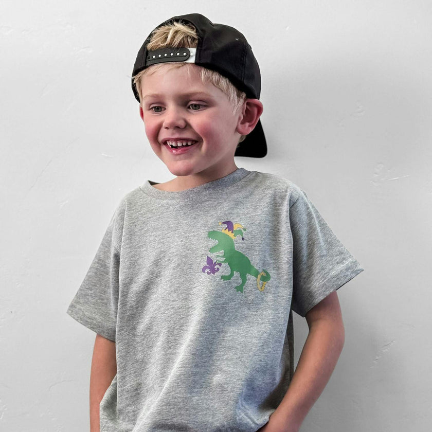 Mardi Gras Party Dino Short Sleeve T-Shirt - Gray