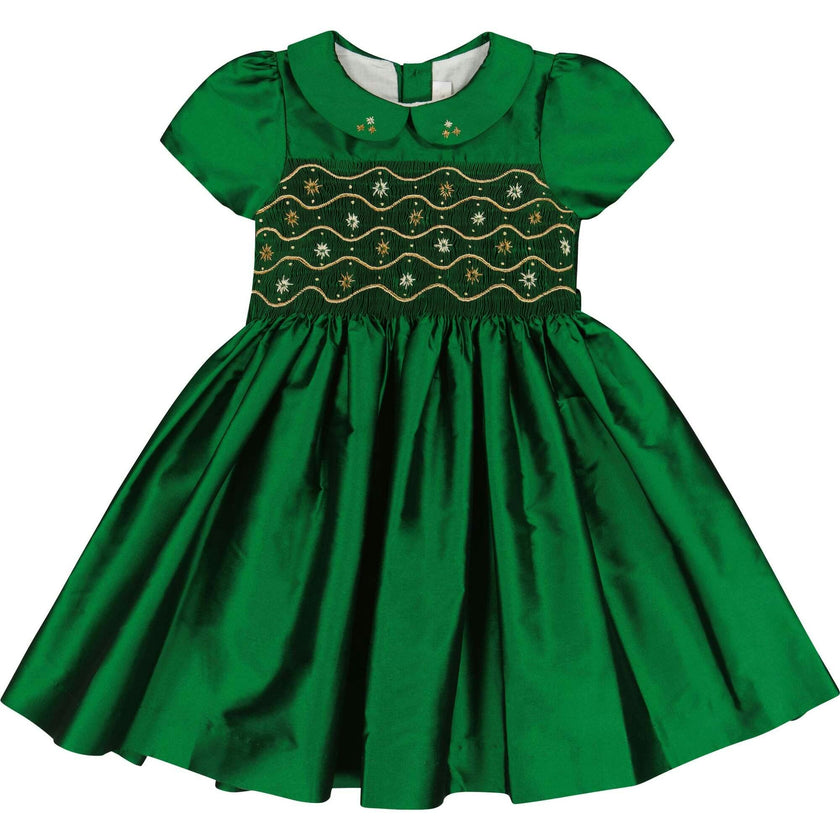 Stella Green Silk Short Sleeve Smocked Dress
