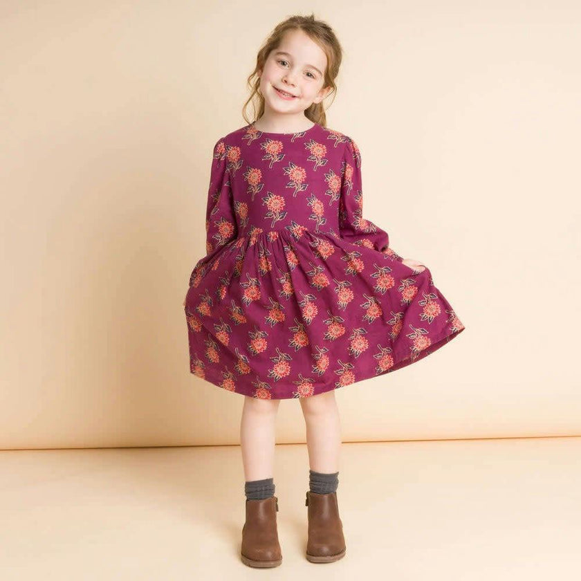 Girls' Long Sleeve Dress with Floral Motif