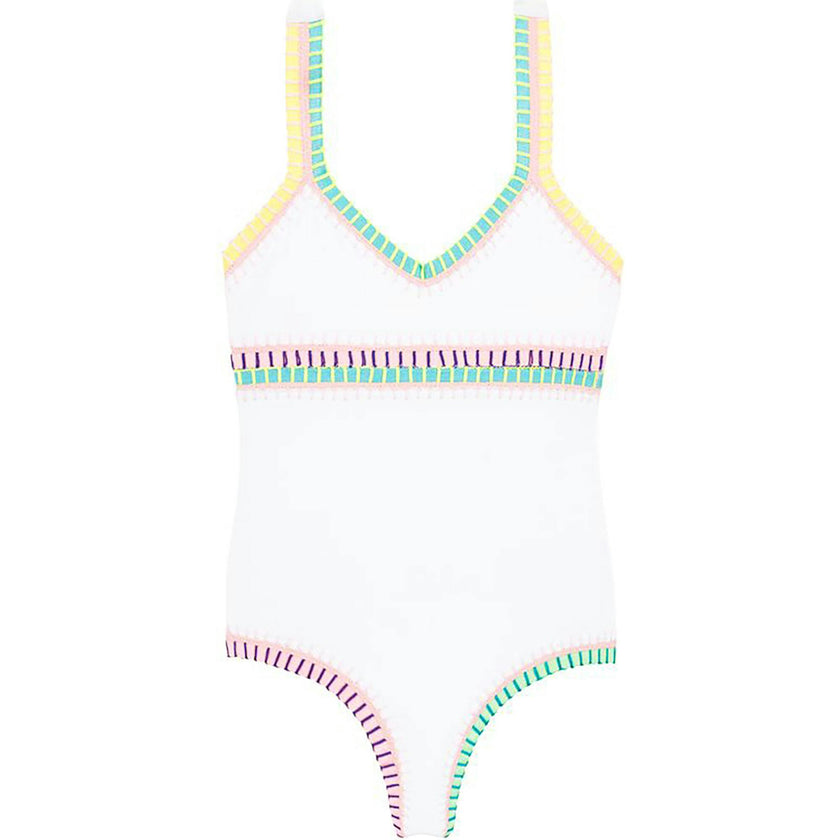 Rainbow Embroidered Elastic One-Piece, White