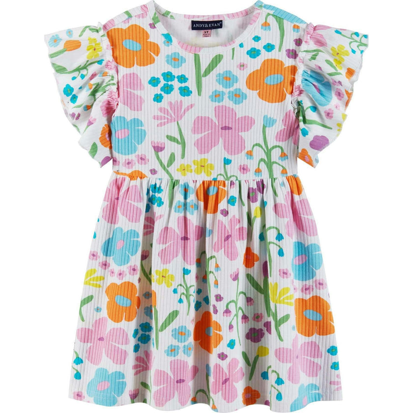 Kids White Rib Knit Dress w/ Ruffle Sleeves