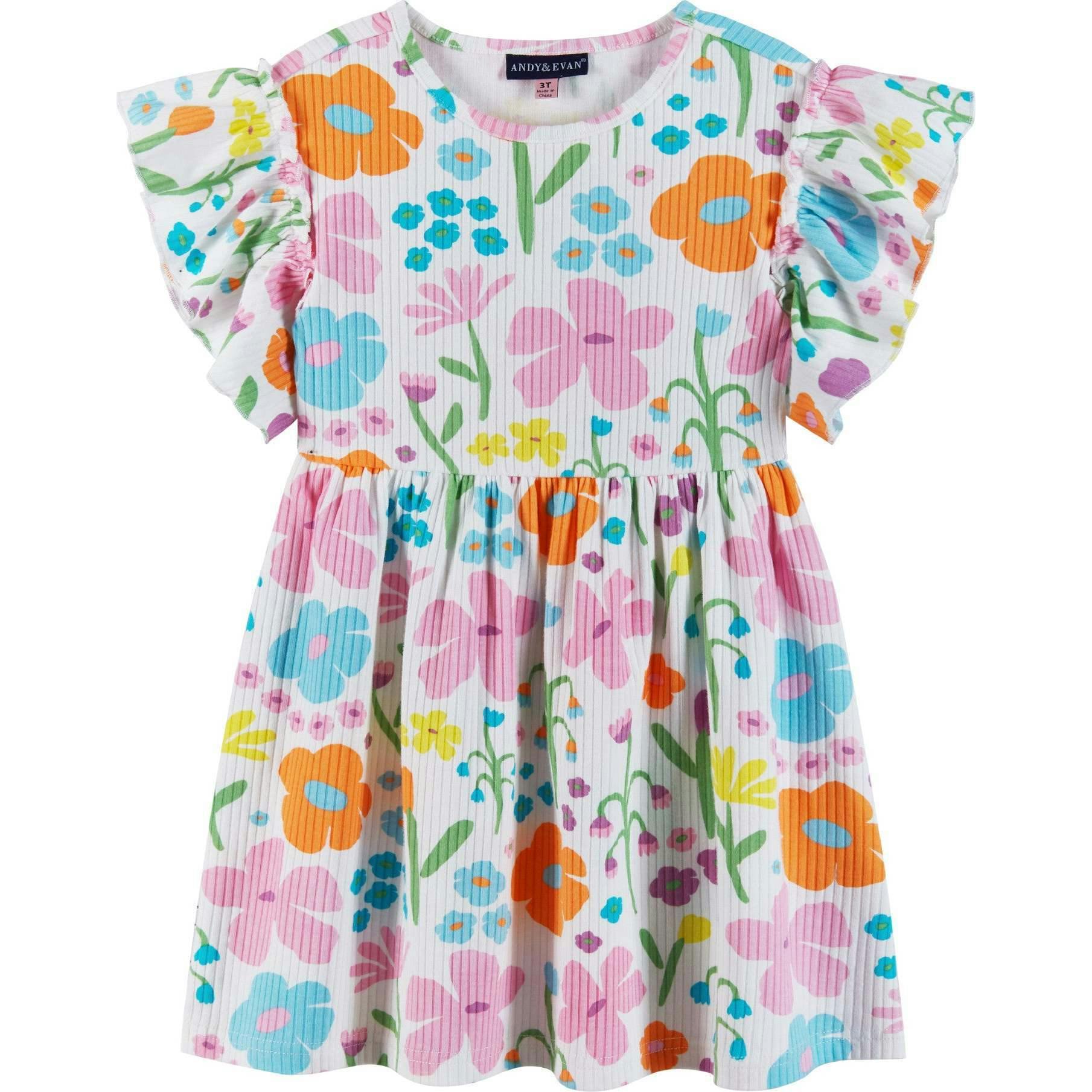 Kids White Rib Knit Dress w/ Ruffle Sleeves