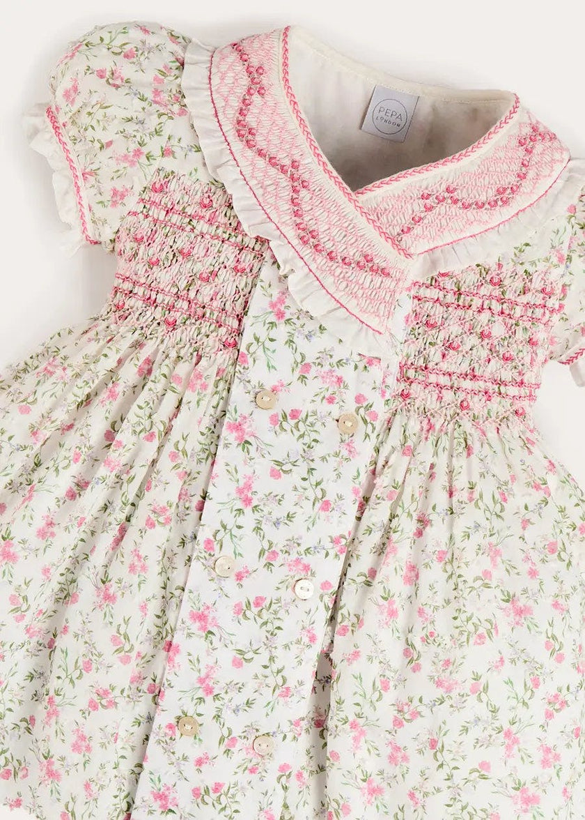 Alice Floral Double Breasted Hand Smocked Dress in Pink (12mths- 10yrs)