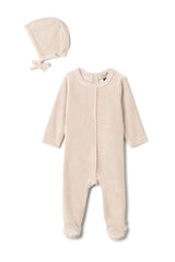 Pompom Snap Front Velour Romper and Bonnet Two Piece Set