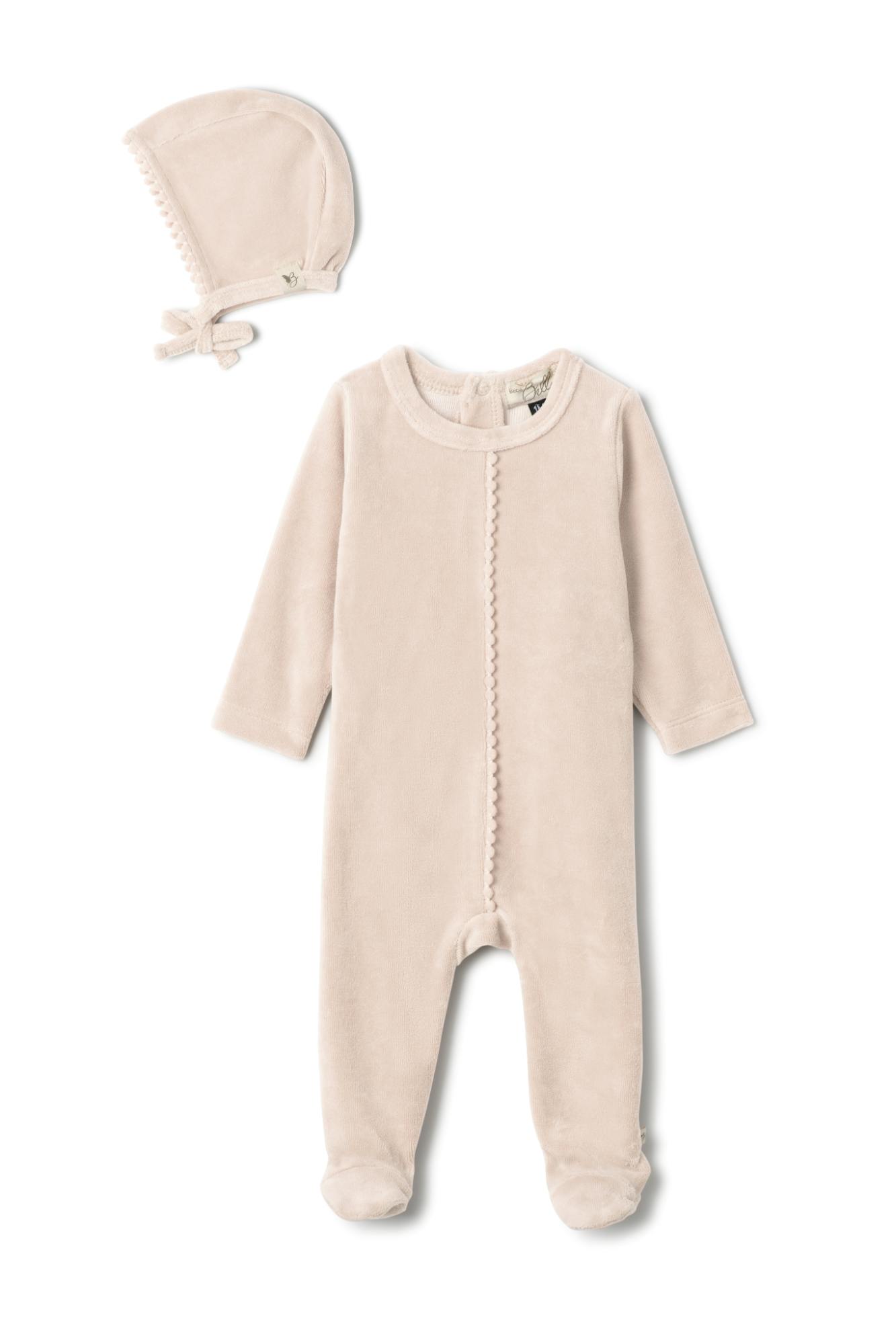 Pompom Snap Front Velour Romper and Bonnet Two Piece Set