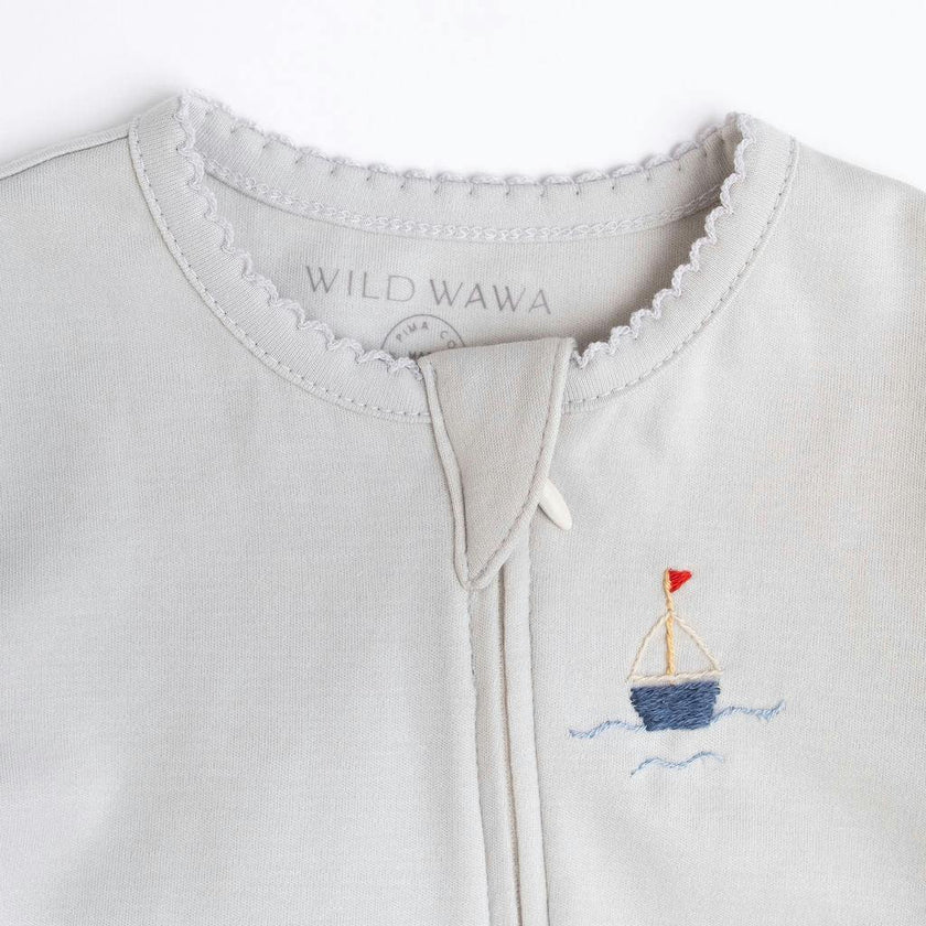 Pima Embroidered Footless Sleeper in Blue Boat