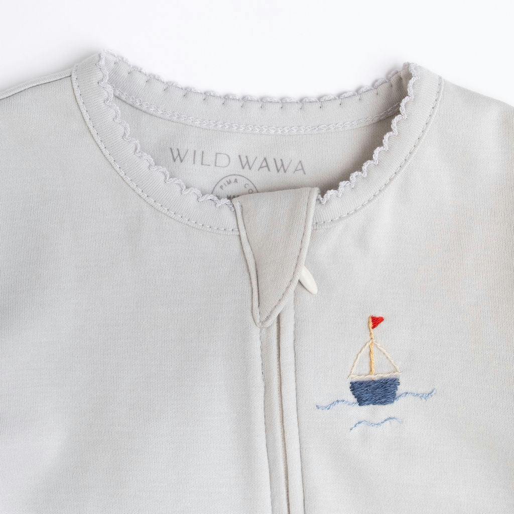 Pima Embroidered Footless Sleeper in Blue Boat