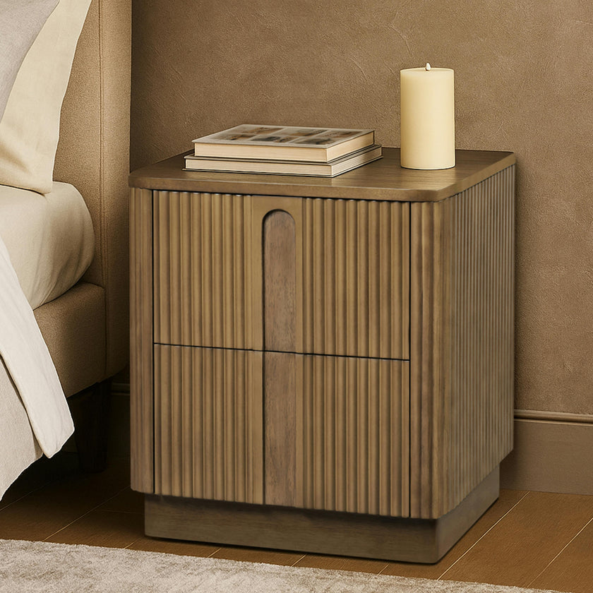Potomac Reeding Pattern 2 Drawer Push to Open Nightstand Greige Wood Accent Storage