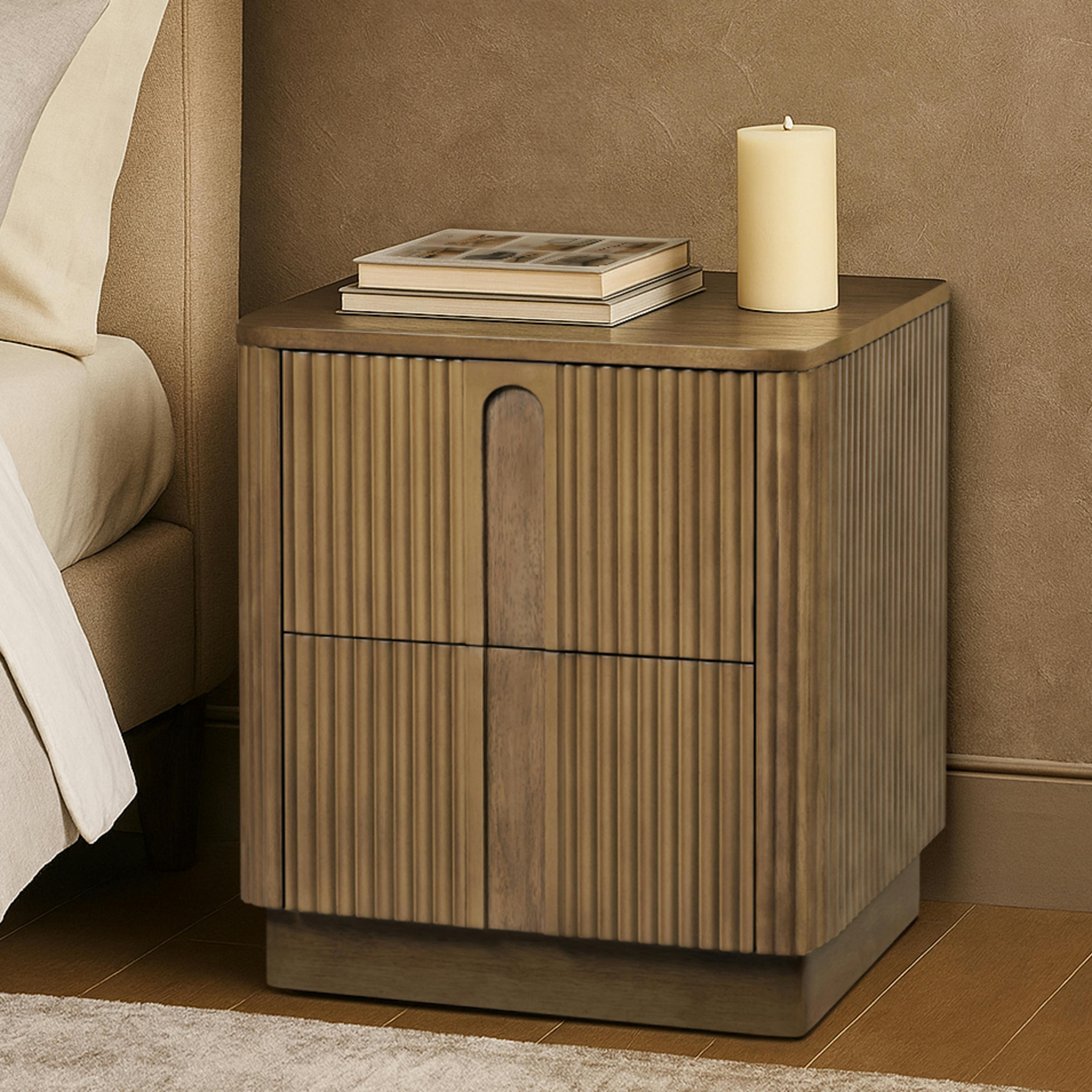 Potomac Reeding Pattern 2 Drawer Push to Open Nightstand Greige Wood Accent Storage