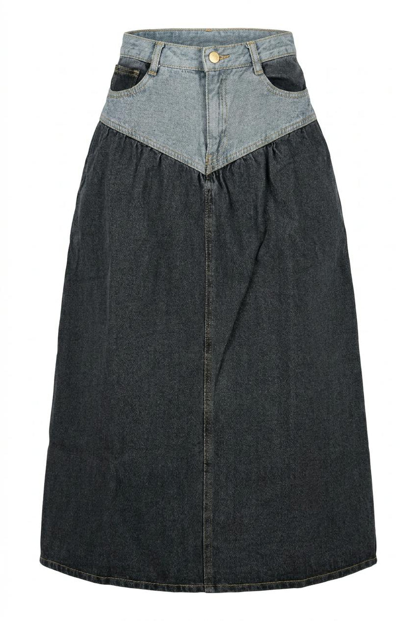 Two-Tone Denim Midi Skirt