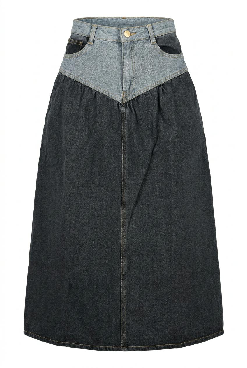 Two-Tone Denim Midi Skirt