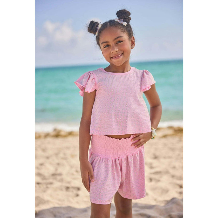 Pink Crystal Ruffle Short Set