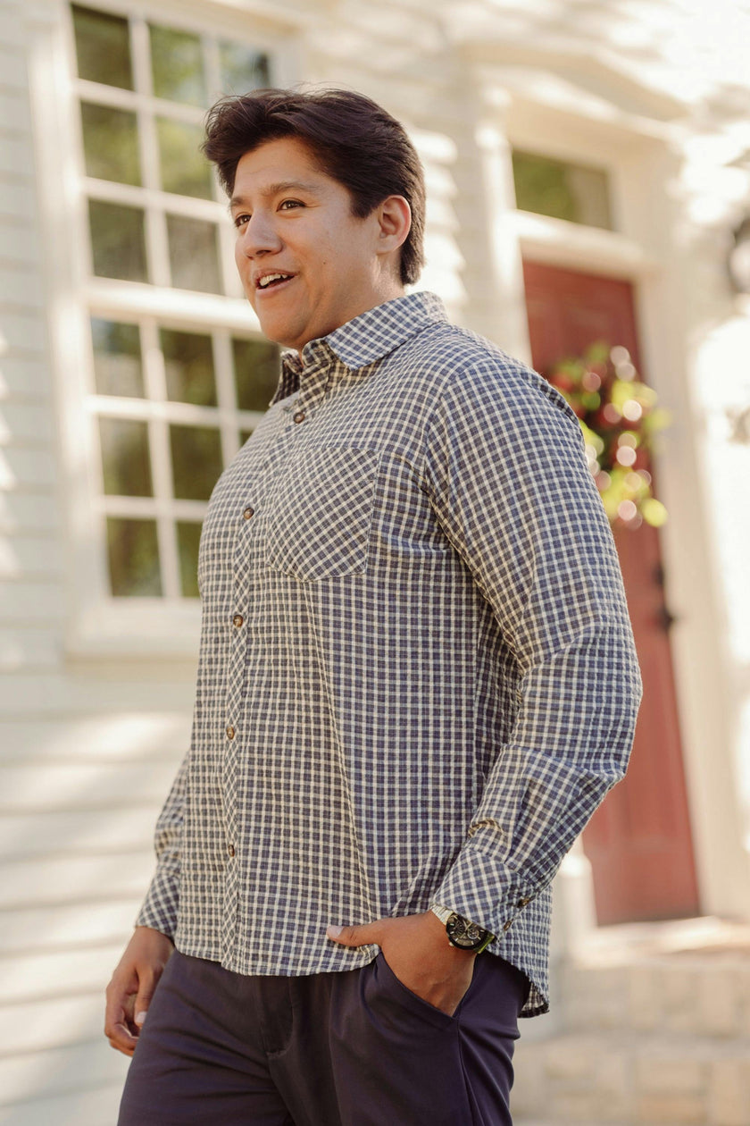 Mens John Shirt in Prussian Blue Plaid