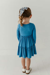 Girls Long Sleeve Double Tiered Dress in Stonewash