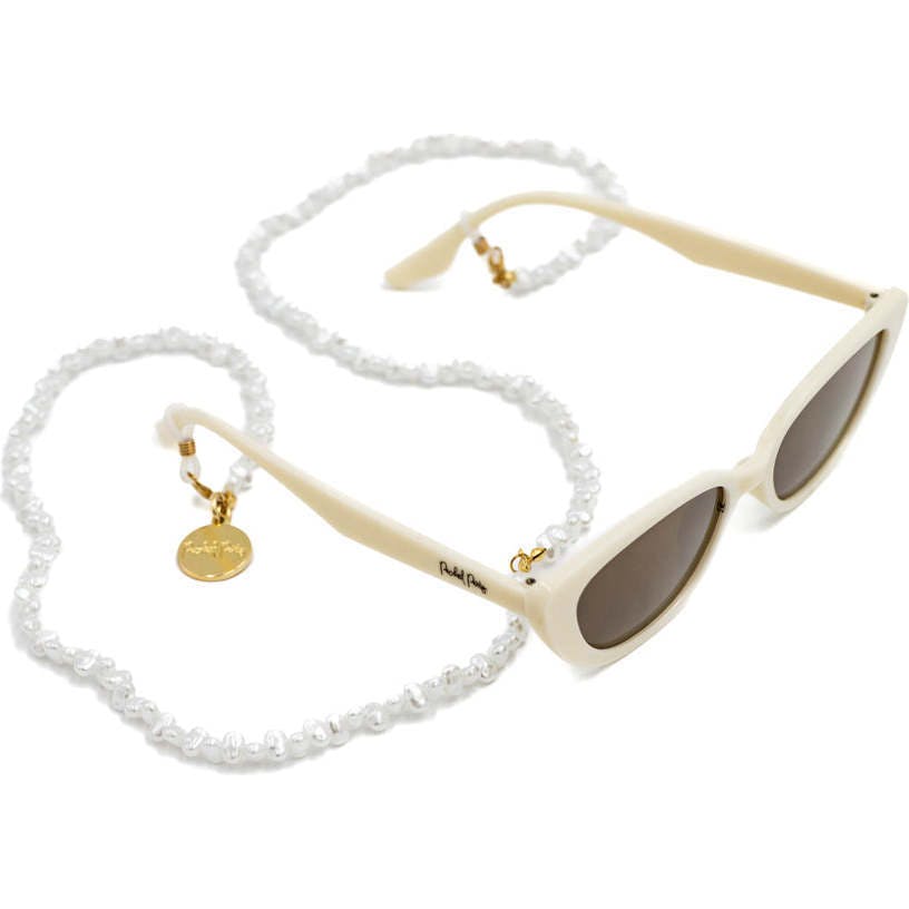 Packed Party Sunny Daze Cat Eye Sunglasses and Pearl Shell Chain Set – White Cat Eye with Freshwater Pearl Chain, 1.75x5.75 Inch Sunglasses with 31.5 Inch Chain