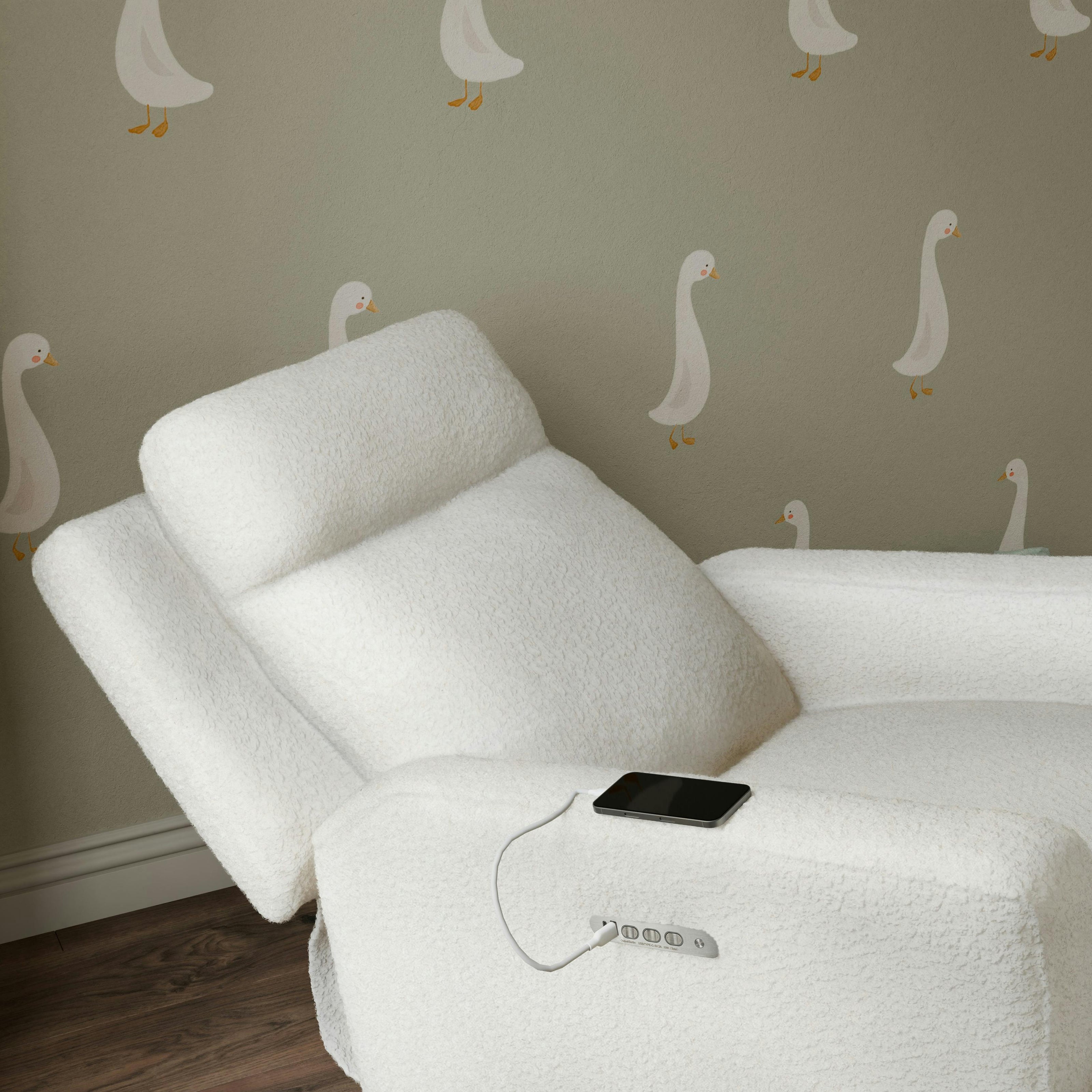 Sigi Pro Power Glider Recliner W/ Power Lumbar In Cream Shearling W/Light Wood Base