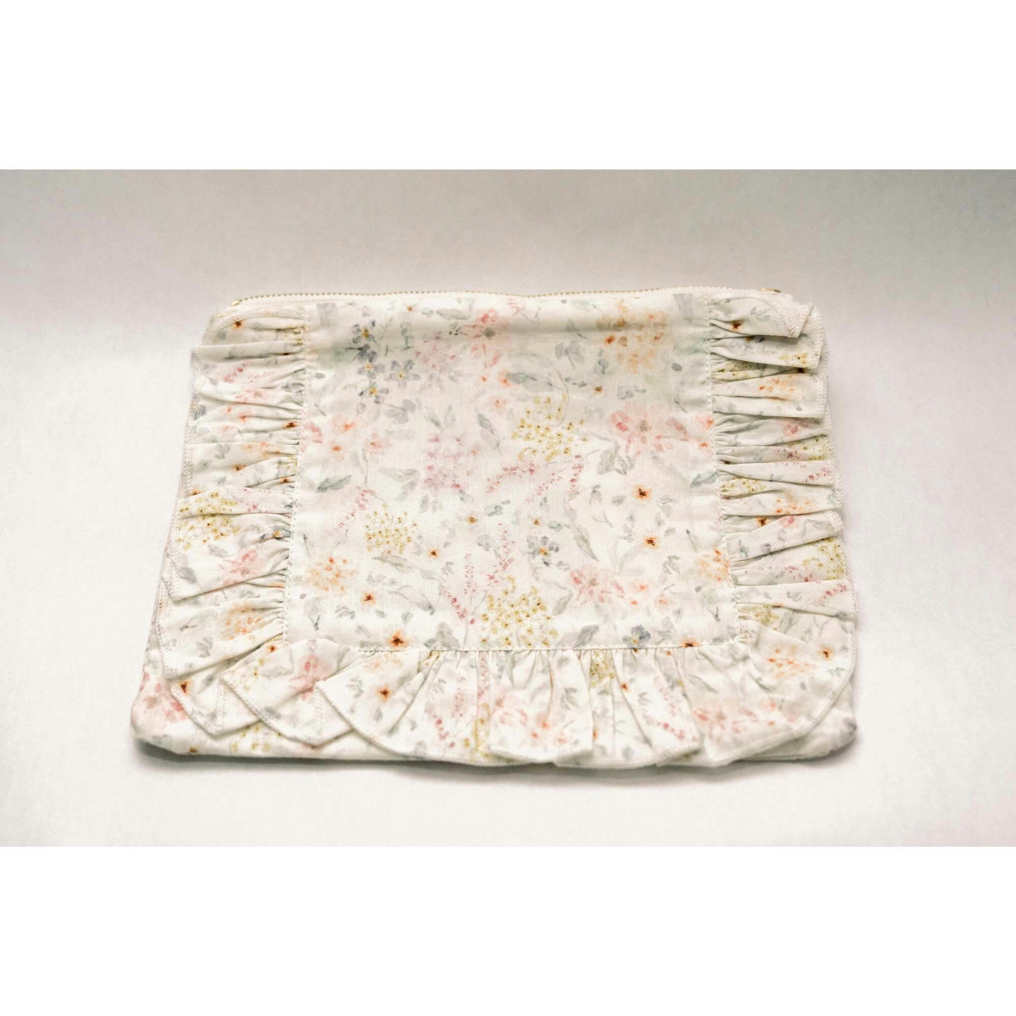 Dewdrop Meadow Timeless Floral Ruffle Zipper Pouch